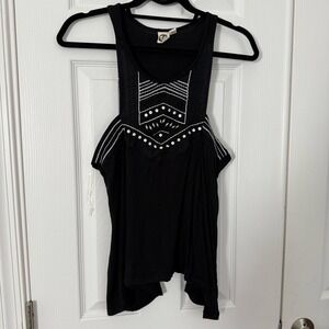 Lagaci Sleeveless Black Viscose Boho Top w/ White Abstract Embroidery Large‎ EUC